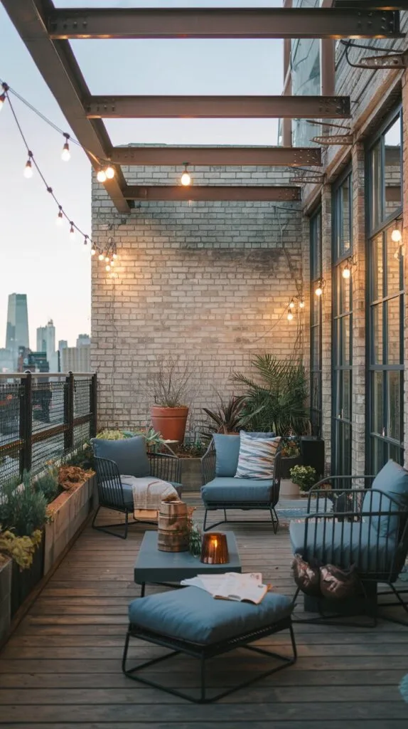 Industrial chic terrace with exposed brick and steel furniture.