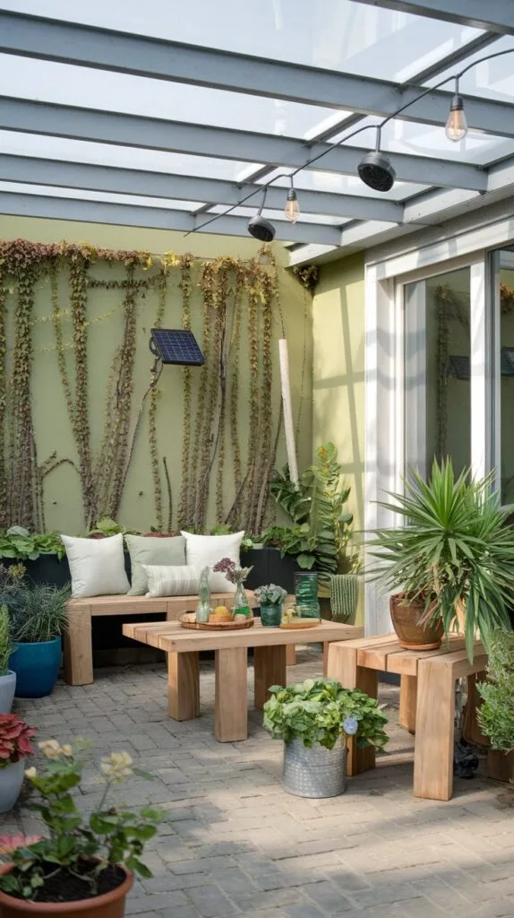 Eco-friendly terrace with sustainable furniture and green plants.