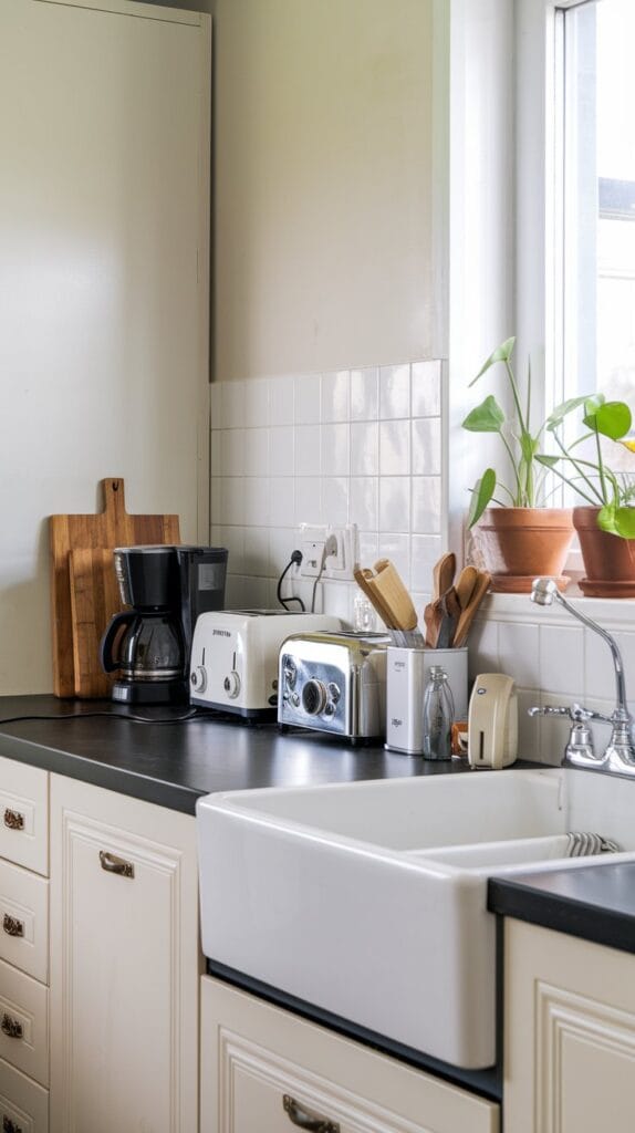 Tidy kitchen with a clutter-free countertop, maintained through regular decluttering.
