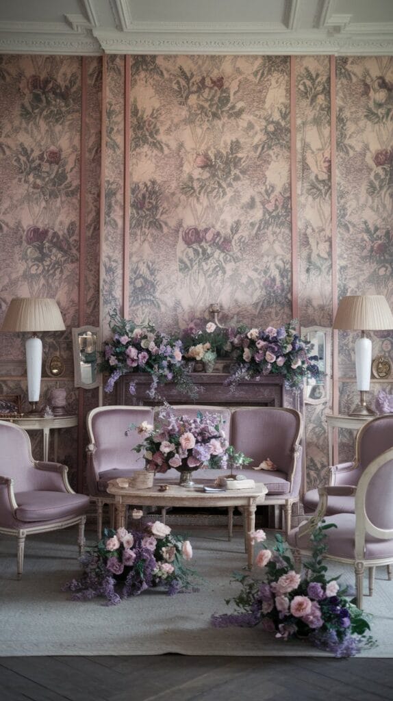 A vintage-inspired room with elegant floral decor and antique furniture.