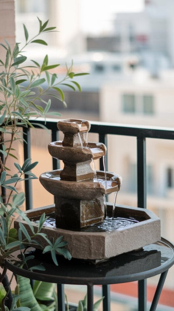 A balcony with a small water feature, adding tranquility to the outdoor space.