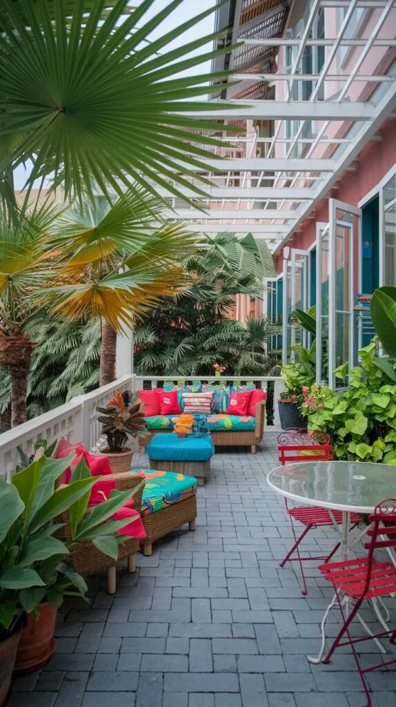 Tropical terrace with lush plants and vibrant outdoor furniture.