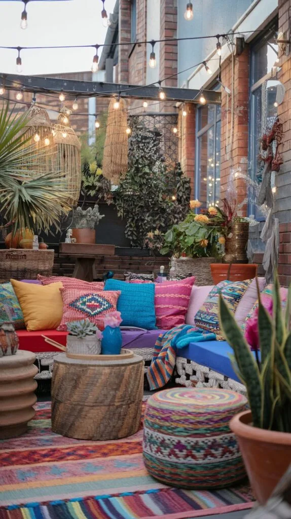 Bohemian terrace with colorful cushions and eclectic decor.
