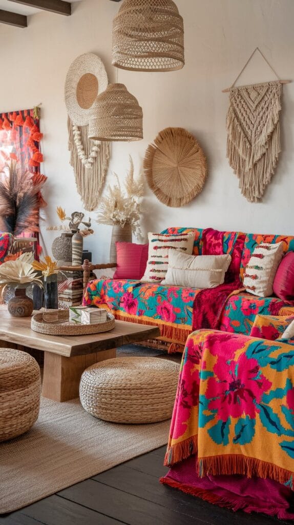 A lively living room with bold boho florals, eclectic decor, and earthy tones.