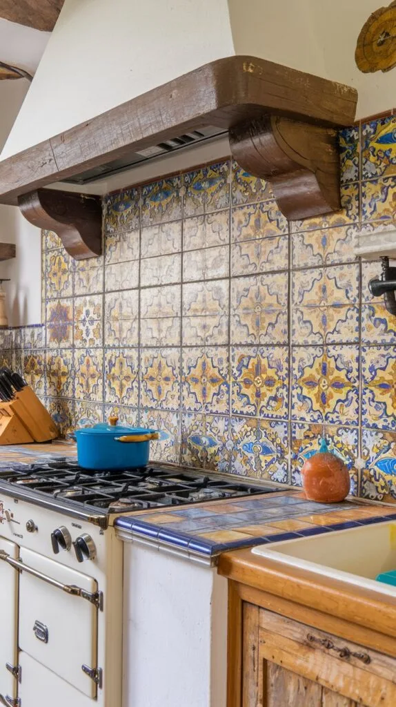 Hand-painted tile backsplash in a Spanish kitchen with intricate patterns.