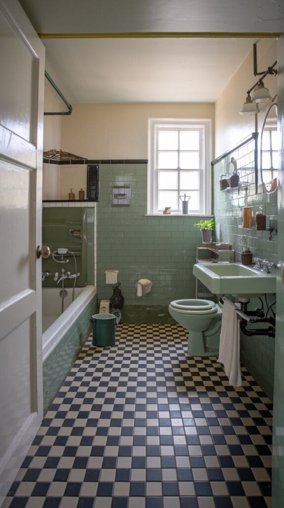 Bathroom with bold checkered or patterned tiles creating a nostalgic look.