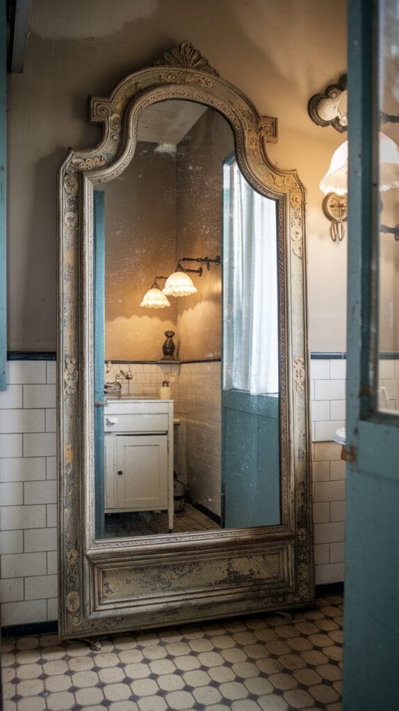 Bathroom with an antique mirror reflecting a soft, vintage-inspired design.