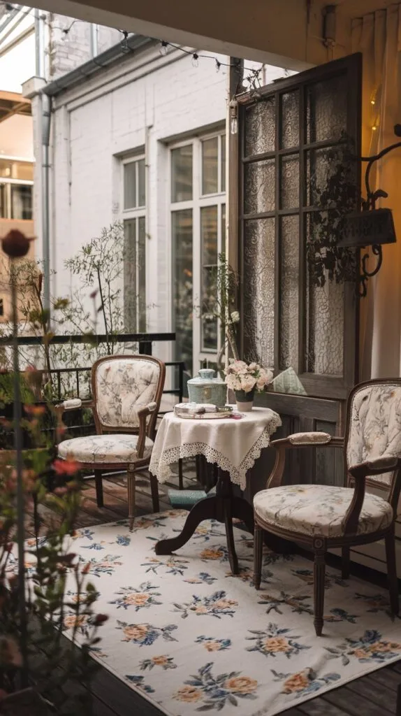 Vintage charm terrace with antique furniture and soft lighting.