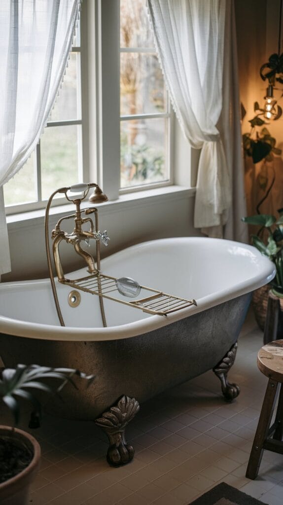 A classic clawfoot tub with brass fixtures in a cozy bathroom.