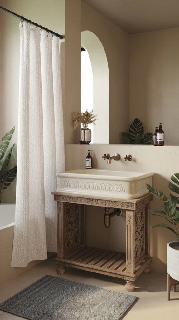 Vintage-inspired pedestal sink in a minimalist bathroom.