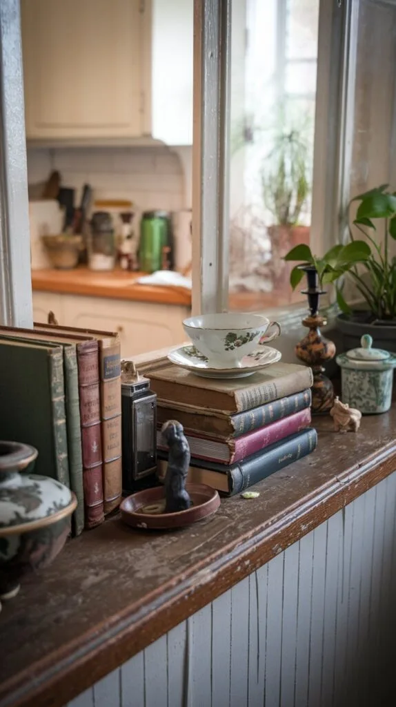 Vintage kitchen window sill with antique decor items like books and teacups.