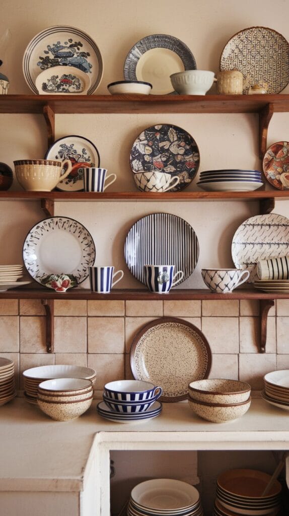 Mismatched vintage crockery displayed on kitchen shelves, adding charm and character.