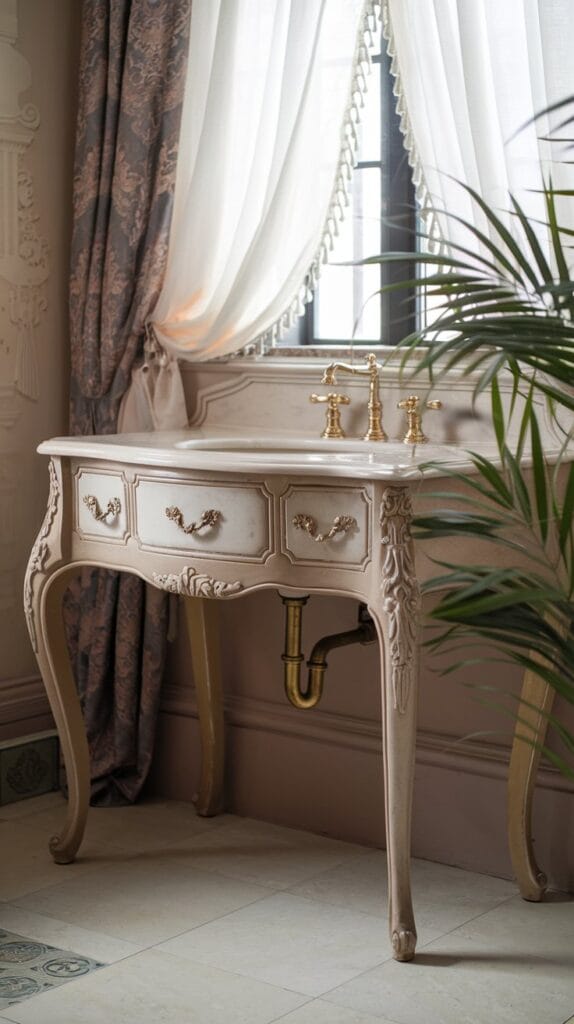 Vintage vanity with curved legs in a Rococo bathroom.