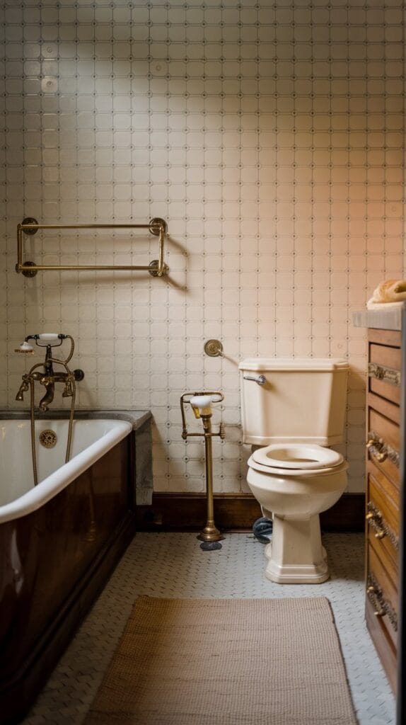 Bathroom with elegant vintage brass fixtures adding timeless appeal.