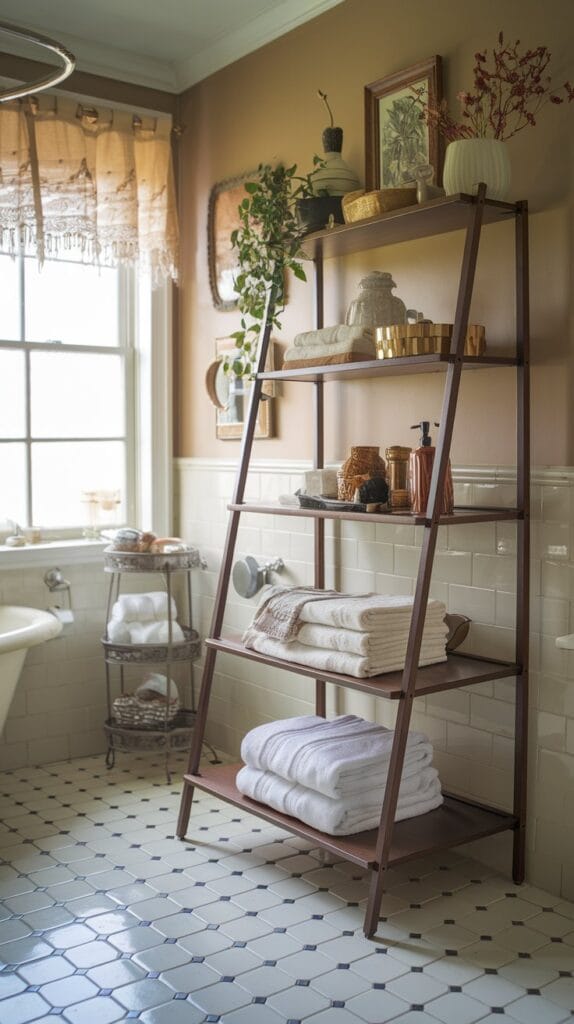 Freestanding storage options like open shelves and vintage cabinets in a bathroom.