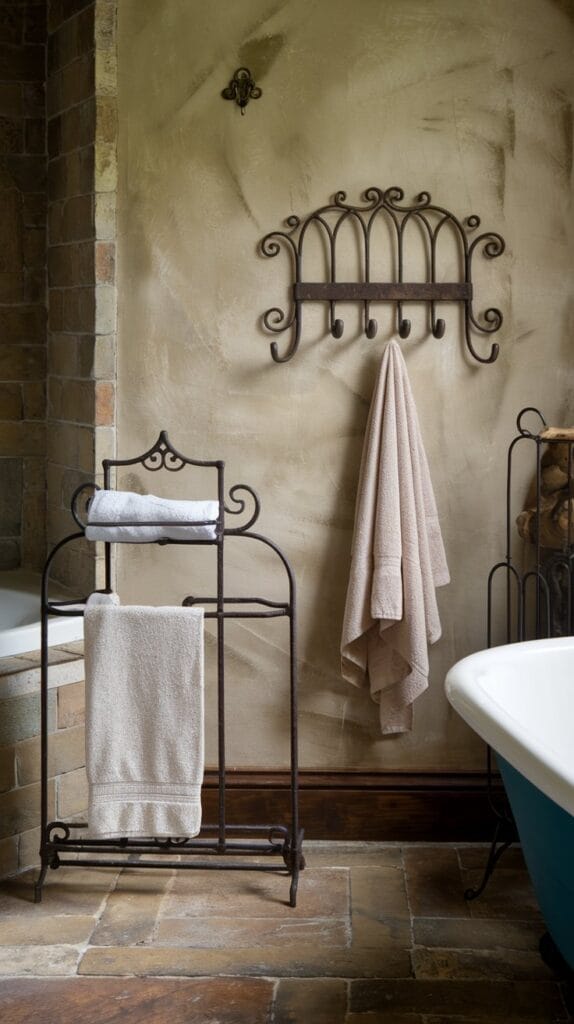 Bathroom with iron or wooden towel racks, adding rustic charm and functionality.