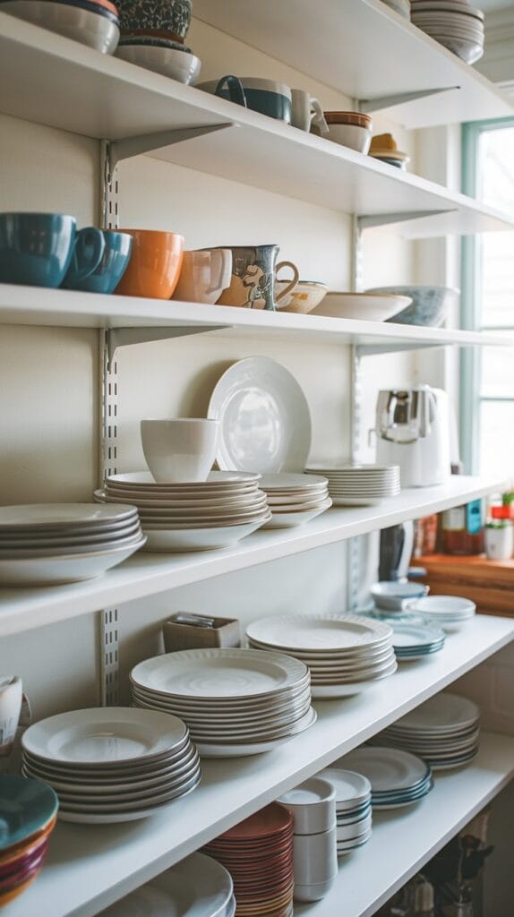 Kitchen shelf with shelf risers to maximize vertical storage.