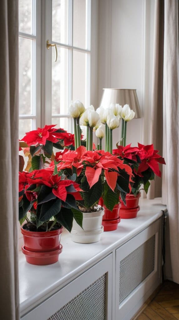 Poinsettias and amaryllis displayed in vibrant pots as seasonal florals.