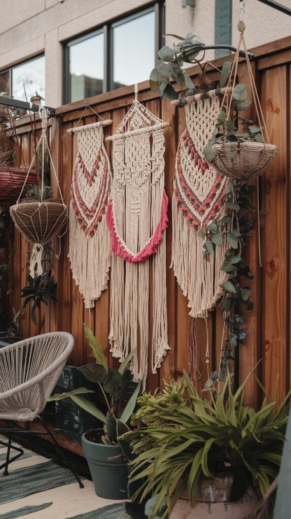 Macramé wall hangings add bohemian charm to an outdoor patio.