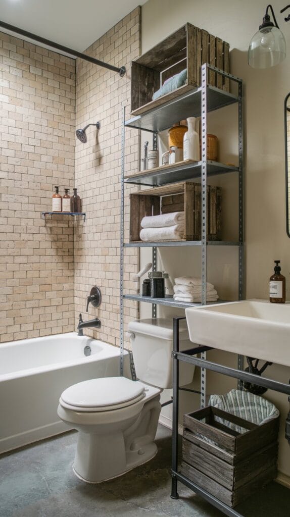 Industrial-style storage with vintage wooden crates in a bathroom.