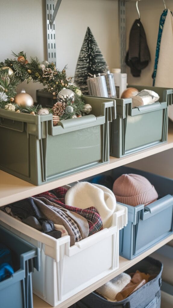 Collapsible storage bins used to store seasonal items in an organized space.