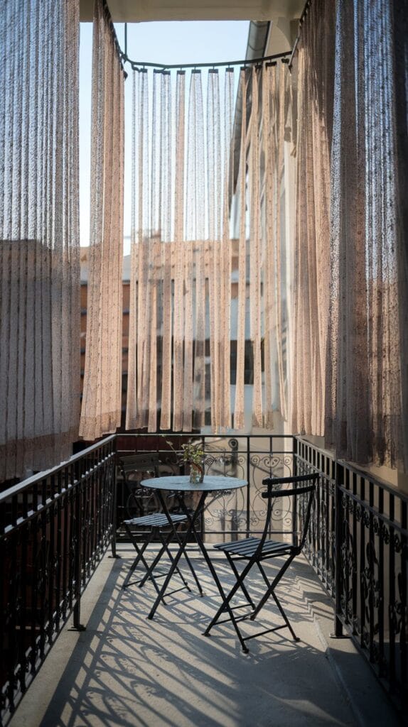 Outdoor curtains or privacy screens on a balcony.