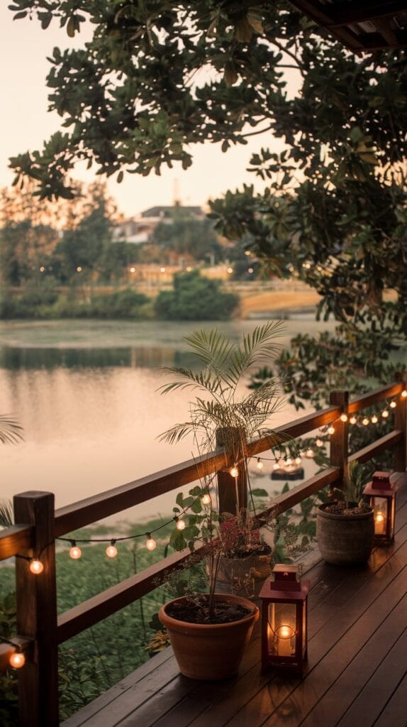 A balcony illuminated with string lights and lanterns, creating a relaxing ambiance.