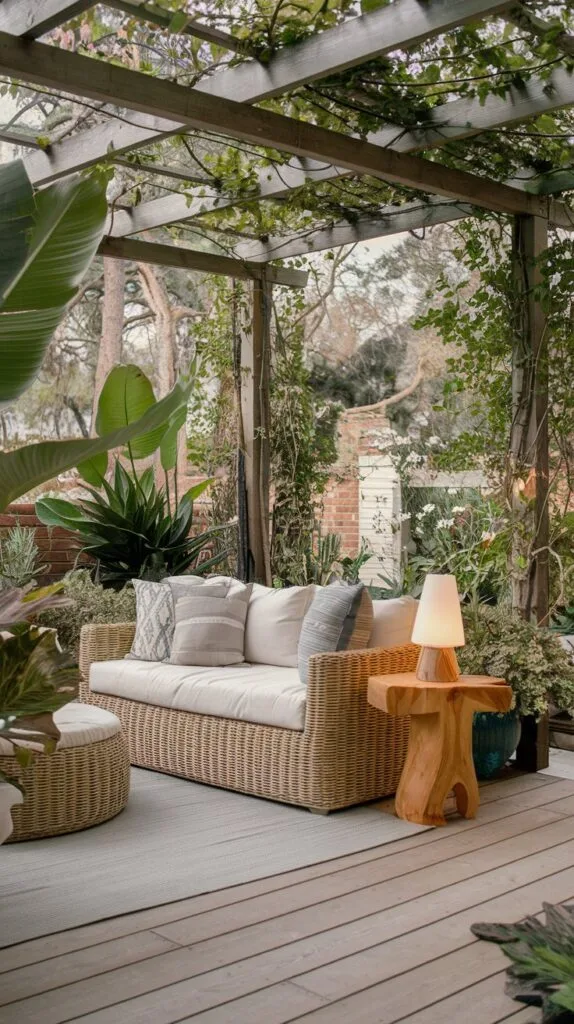 Nature-infused outdoor living space with comfortable seating and plants.
