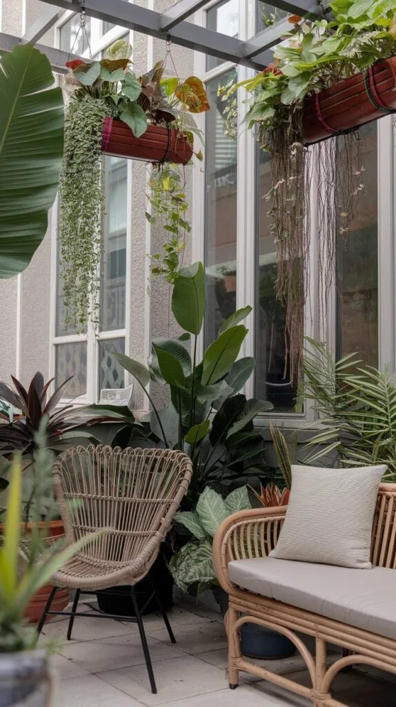 Urban jungle retreat with hanging plants and cozy seating.