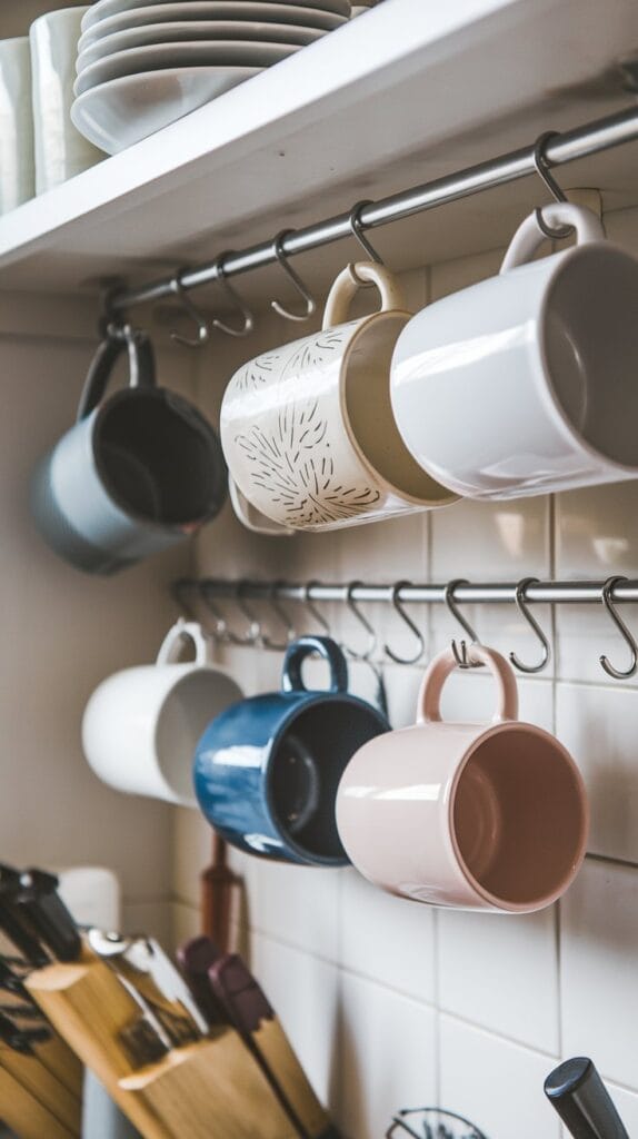 Under-cabinet hooks holding mugs in the kitchen.