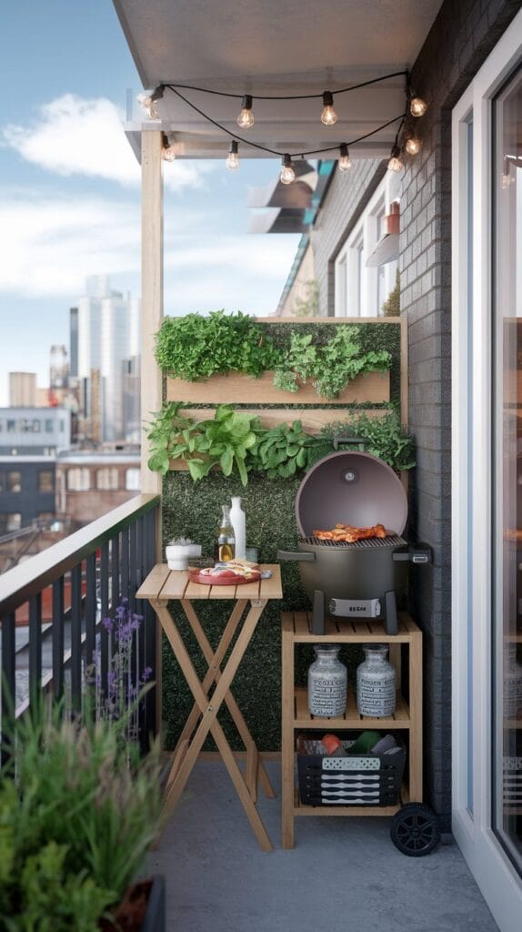 Compact balcony BBQ station with foldable table, grill, and herb garden.