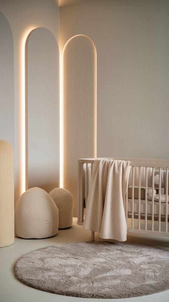 Minimalist nursery in soft neutral tones with plush textures and gentle lighting.