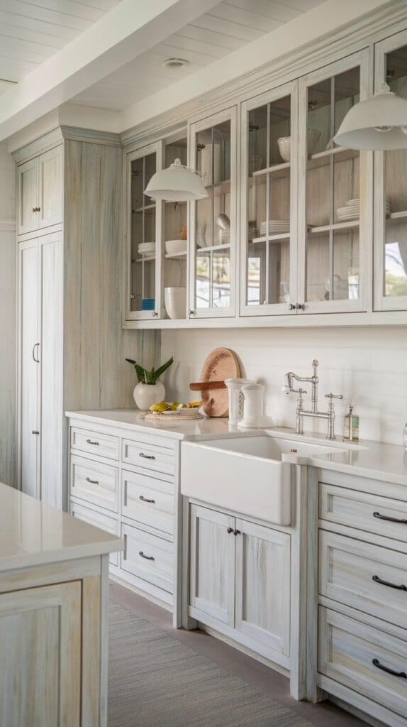 Driftwood-style cabinets in a bright coastal kitchen with natural textures.