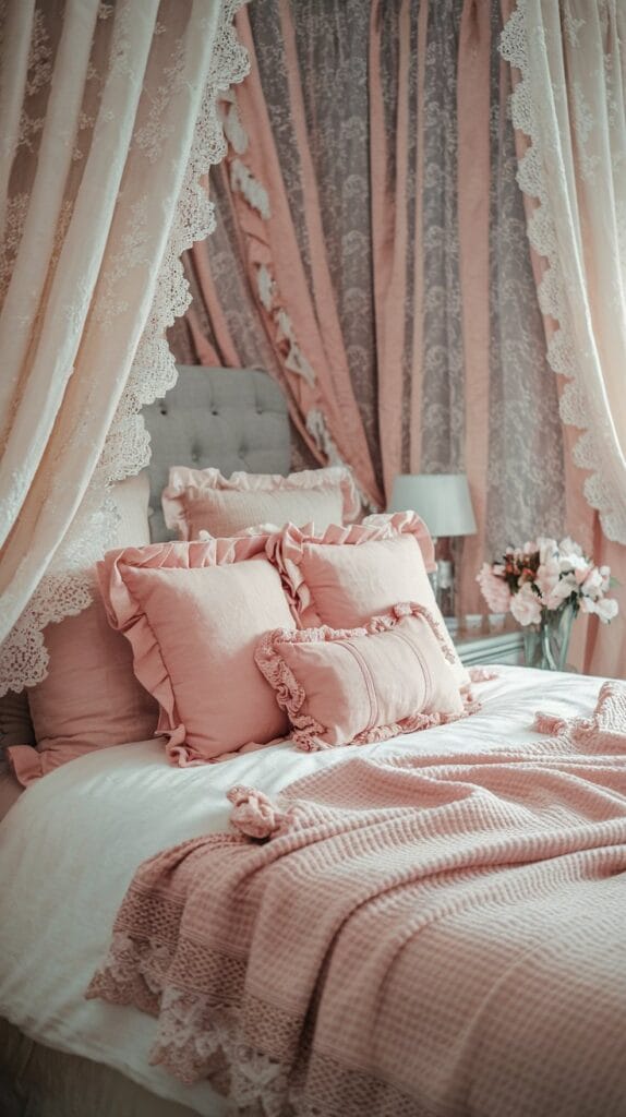Lace curtains and ruffled pillows in a cozy, feminine bedroom.