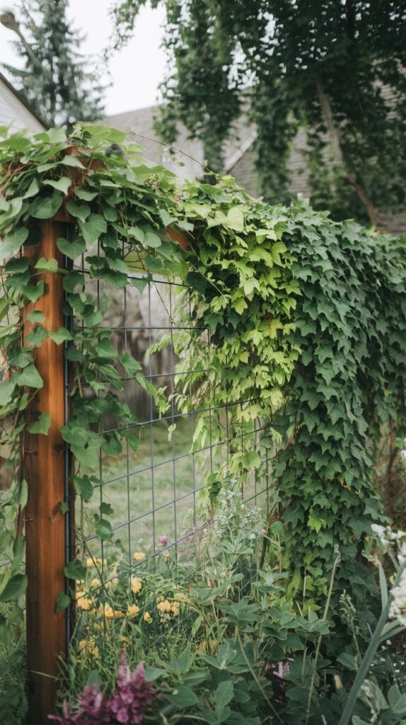 A backyard fence covered in green climbing plants.