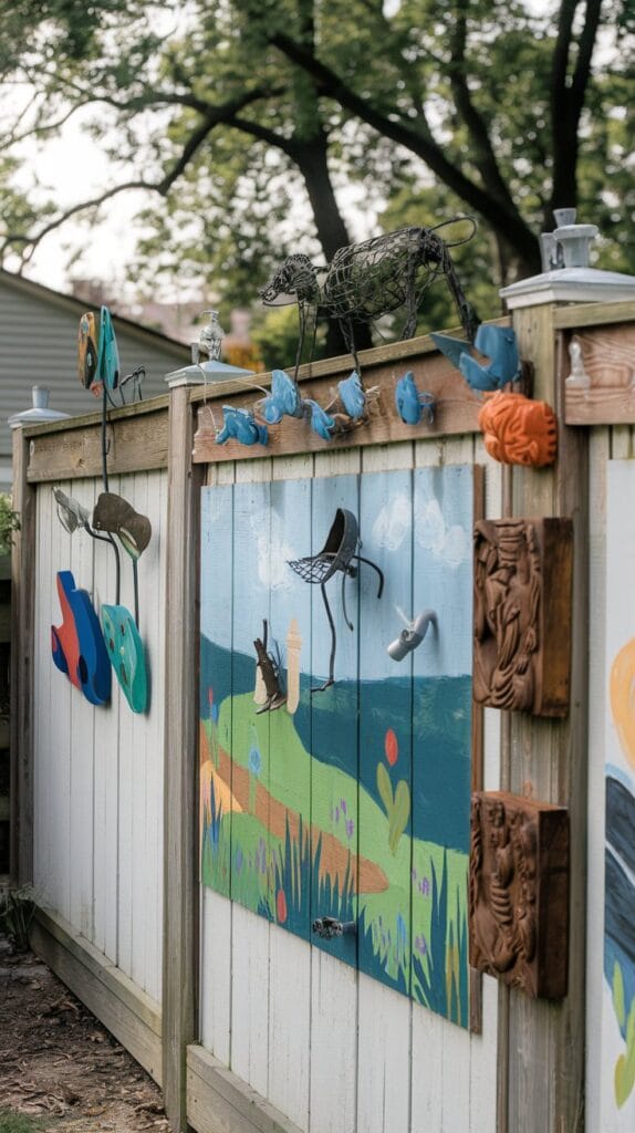 A backyard fence adorned with colorful outdoor art.