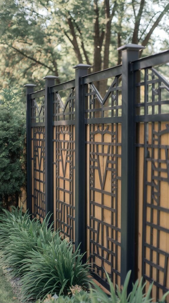 A backyard fence with stylish decorative panels.