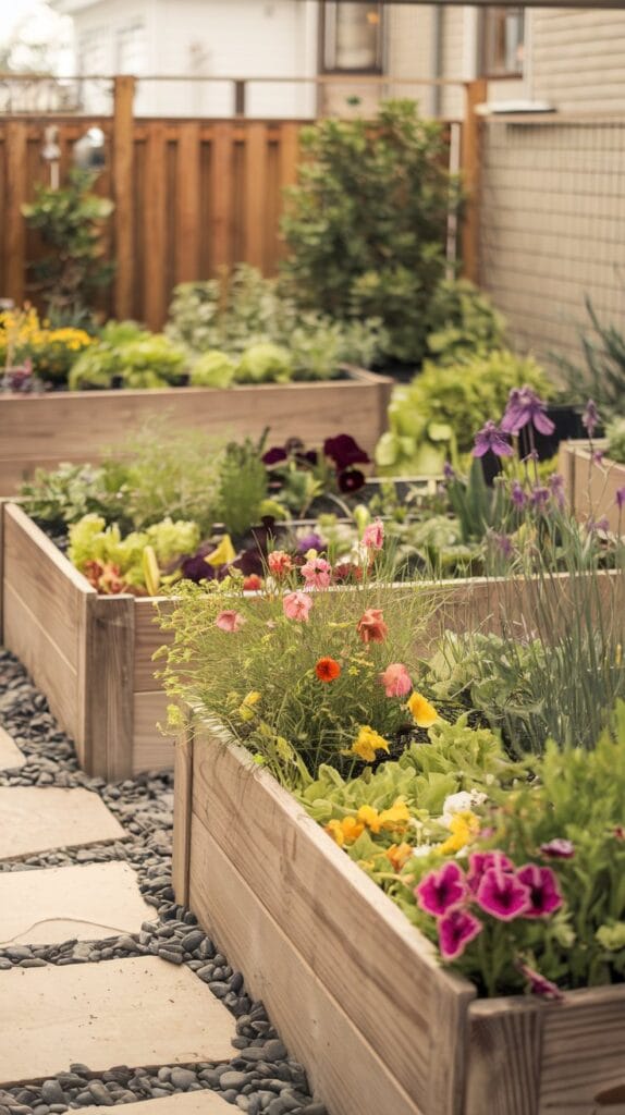 Raised garden beds filled with flowers and herbs in a backyard.
