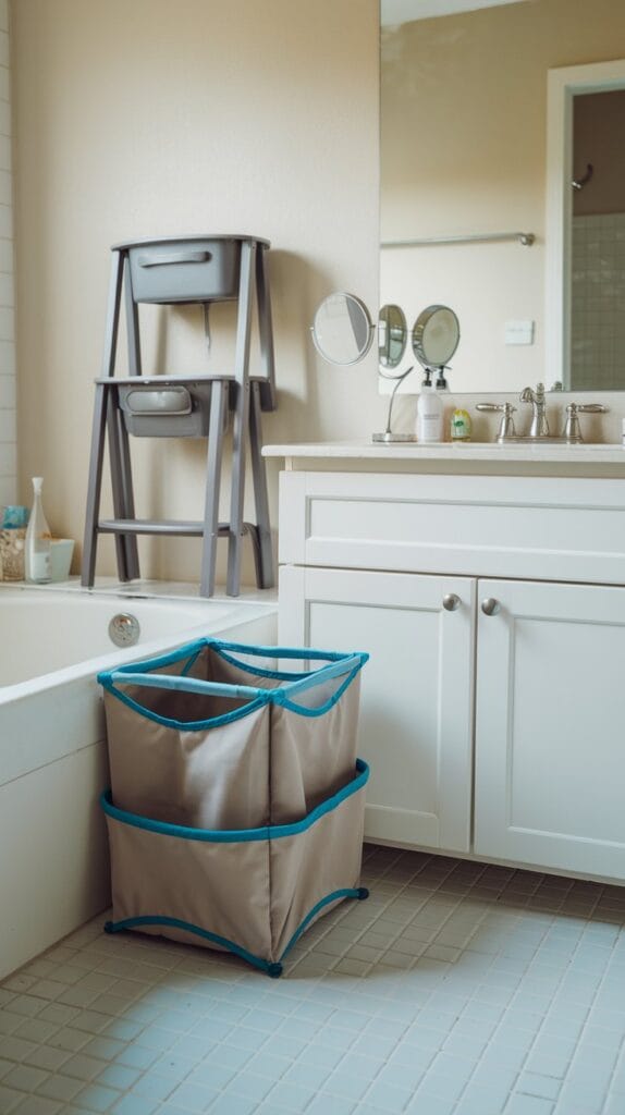Foldable accessories in a small bathroom, including a collapsible laundry hamper and folding stool.