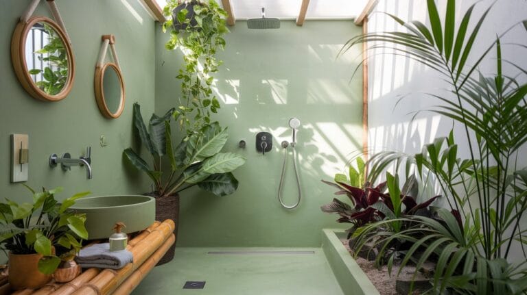 Bathroom with eco-friendly green walls, natural wood accents, and calming atmosphere.
