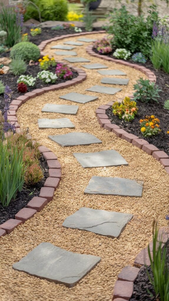 A gravel pathway surrounded by flowers in a backyard.