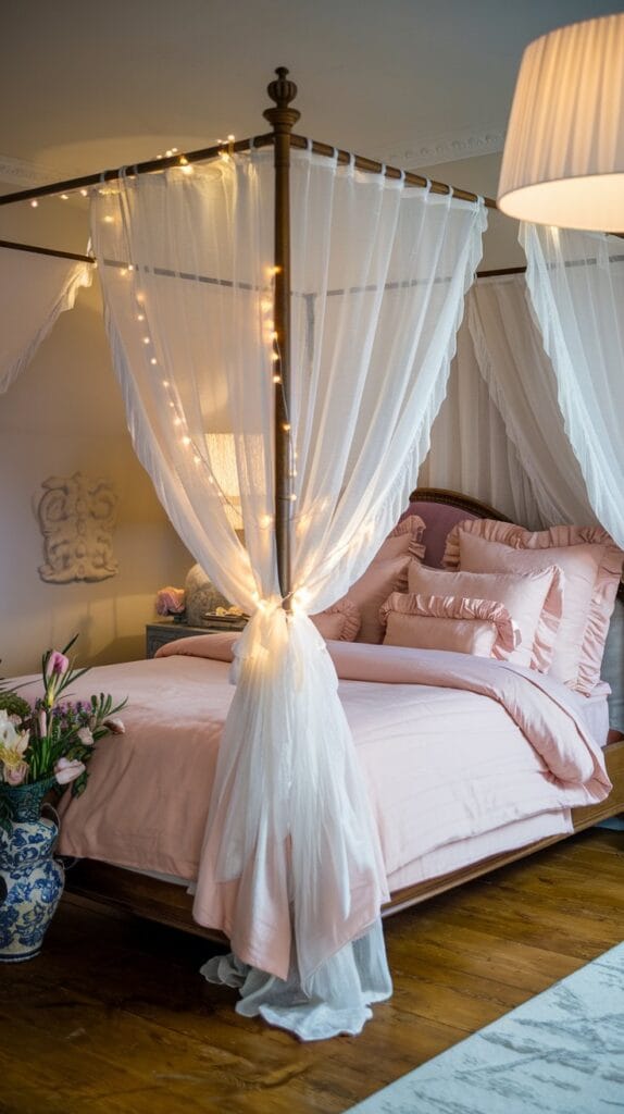 Chic canopy bed with sheer white curtains and pink bedding.