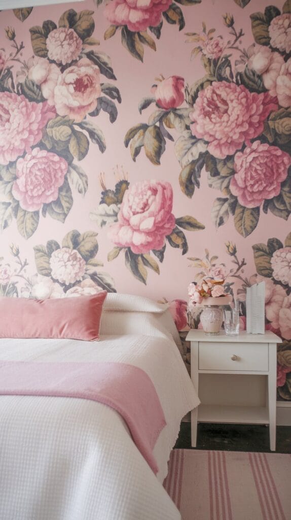 Elegant pink floral wallpaper with delicate roses and peonies.