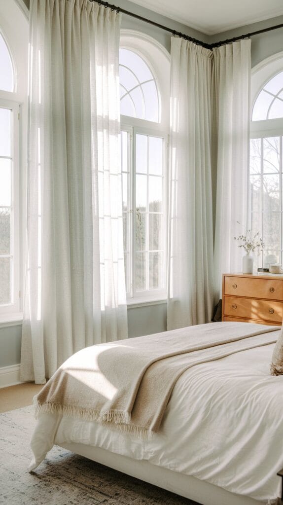 Bedroom with large windows and natural light enhancing the space.