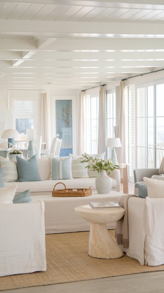 A coastal living room with soft blue, white, and beige tones