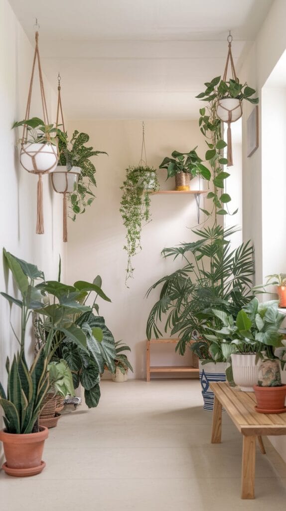 A hallway decorated with indoor plants and hanging greenery.