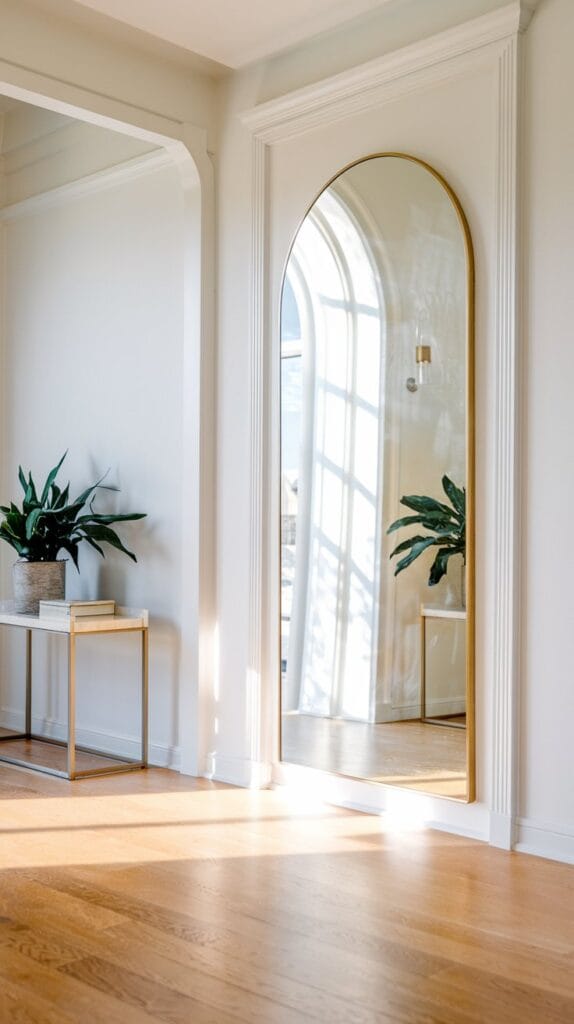 A hallway with a large decorative mirror reflecting natural light.