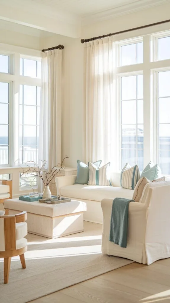 A bright coastal living room with a soft, airy color palette of white, beige, and ocean blue.