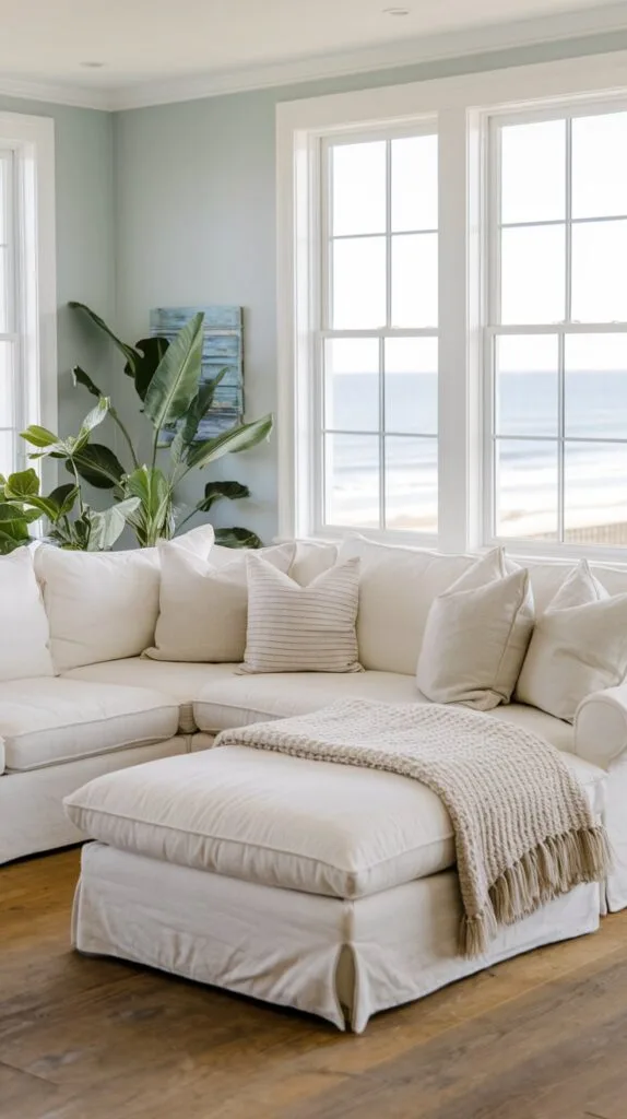 A coastal living room with a plush white sectional and cozy cushions.