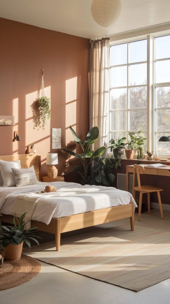 A nature-inspired teenage girl’s bedroom with wooden decor and lush greenery.
